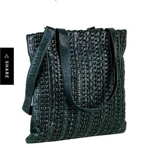 Woven Black Leather Tote Bag